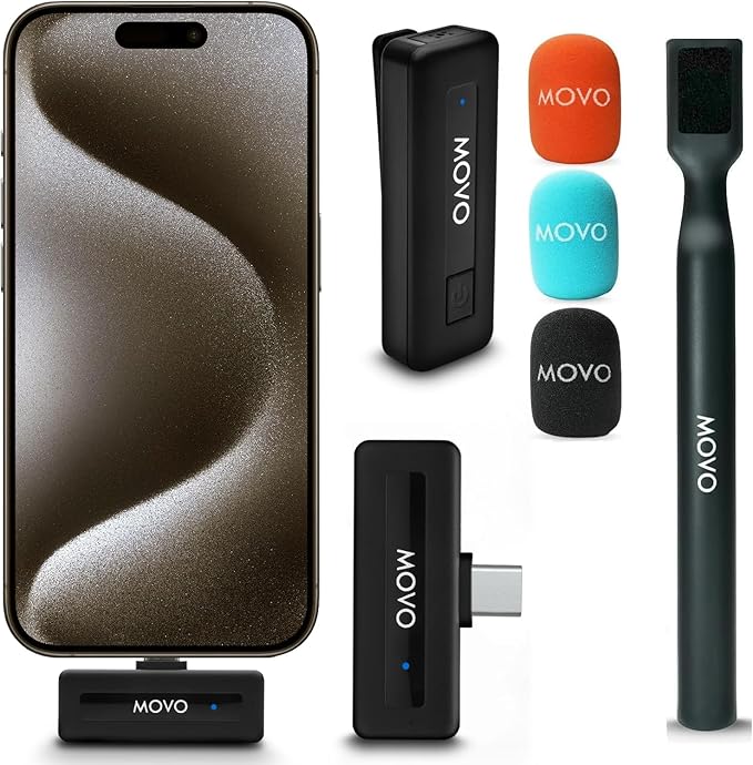 Movo Wireless Mini UC Ultra Compact Wireless Lavalier Microphone for iPhone 15/16/17 and up with WMX-HM Handheld Adapter - Lapel Mic with Handle Mount for Content Creators, Interviews, Reporting