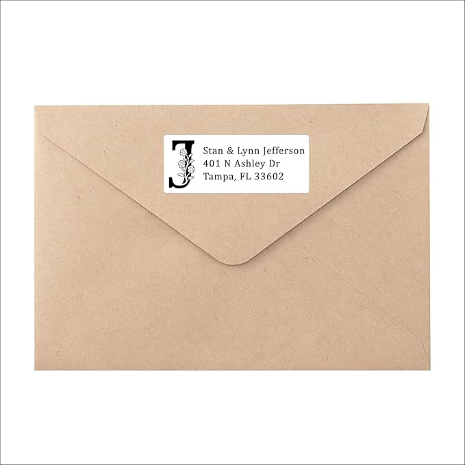 White Home Address Labels - Personalized Return Address Stickers, Custom Printed Mailing Labels for Envelopes, Packages, Wedding, Business (Floral Initial)