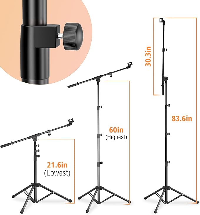 Microphone Stand, Floor Foldable Mic Stand with Phone Clip,Heavy Duty Tripod Boom Arm with 2 Mic Clips and Carrying Bag for Singing Karaoke Stage