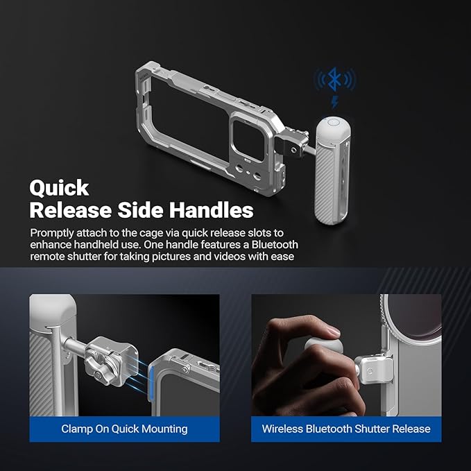 NEEWER Phone Cage Kit Compatible with iPhone 17 Pro Only, Video Rig Stabilizer Accessories with 67mm Filter Ring, 17mm & T Mount Lens Backplates, Quick Release Bluetooth Handle, PA143 (Silver)