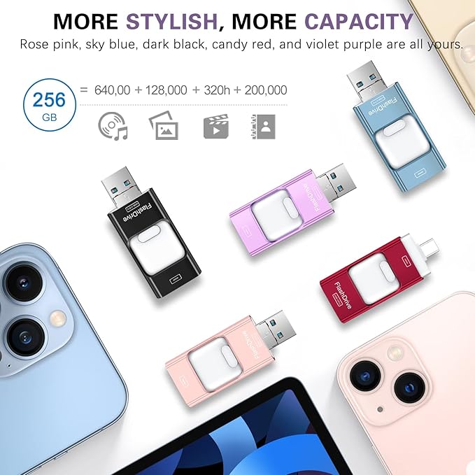 Flash Drive for iPhone 256GB, 4 in 1 USB Type C Memory Stick, Photo Stick External Storage Thumb Drive for iPhone iPad Android Computer, Violet Purple