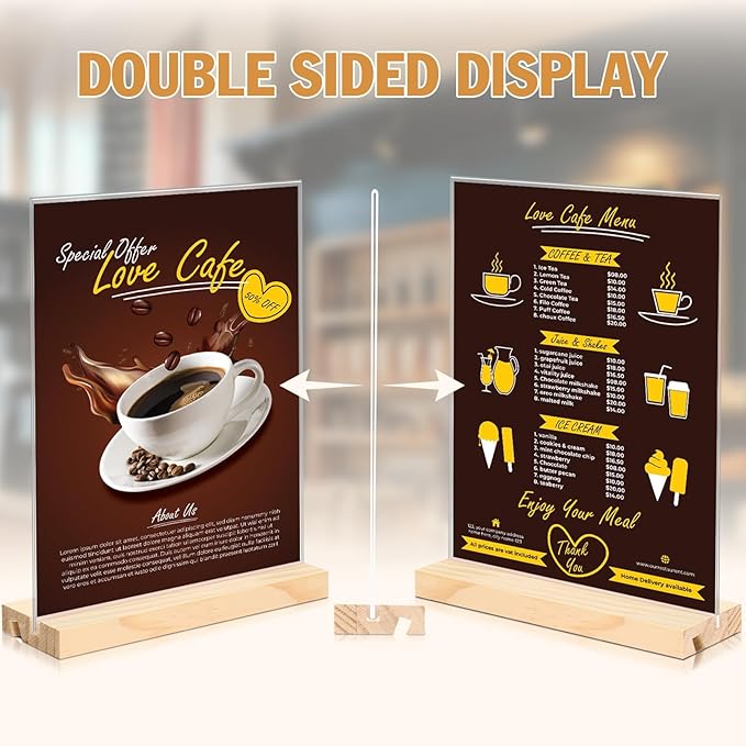 xydstay 2pack 8.5x11 Acrylic Sign Holder with Wood Base for Picture Frames,L/T Shape Double Slot Design for Vertical or Slant Back Display, for Restaurant, Office, School, Store and Home Use