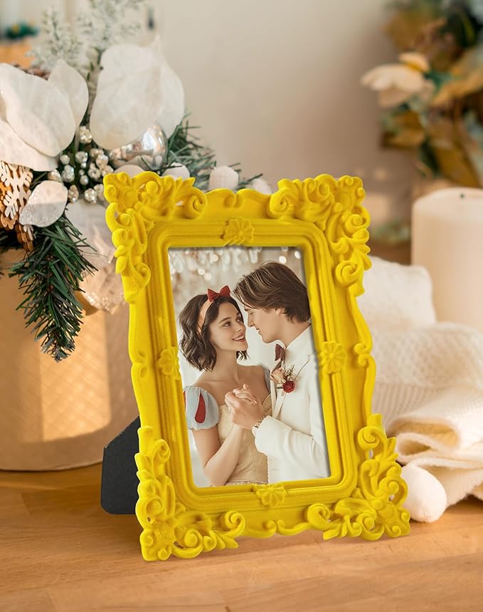 5x7 Yellow Picture Frame for Art Prints Posters, Small Colorful Decorative Frame with Real Glass/Stand, Ornate Memorial Frame Gift for Wedding Baby Shower Retirement (Yellow)