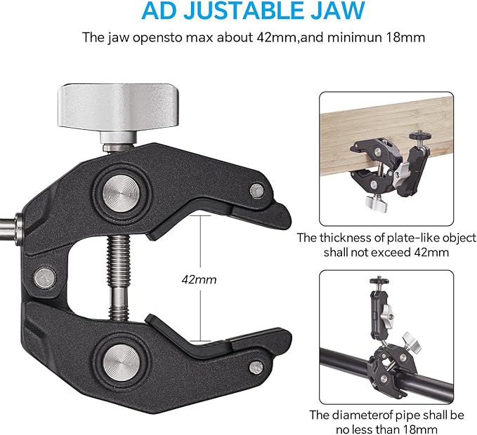 Super Clamp Camera Clamp Mount Monitor 360°Ballhead Magic Arm Double Ball Head Adapter with 1/4"-20 & 3/8"-16 Thread for Canon Nikon DSLR Camera/Gopro/LED Light Ronin-M/Ronin MX/FreeflyMOVI