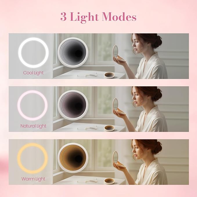 Infinity Travel Lighted Makeup Mirror, Abyss LED Compact Pocket Mirror with Light for Purse, Mini Small Light Up Mirror with 3 Color Lightling, Rechargeable, Handheld,Portable, Folding White