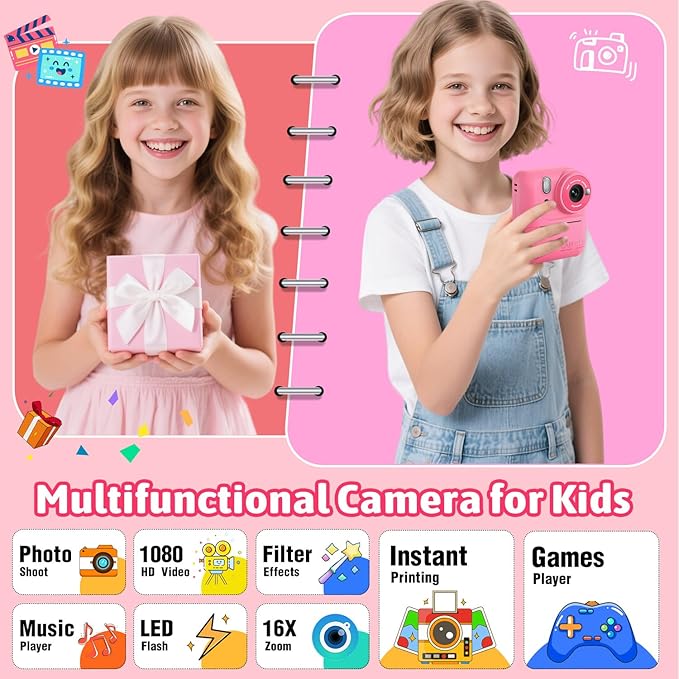 Okaloka Kids Instant Print Camera Toys,1080P HD Toddler Digital Video Camera,Christmas Birthday Gifts for Girls Boys Age 3-12 Year Old - 32G SD Card Included (Red)