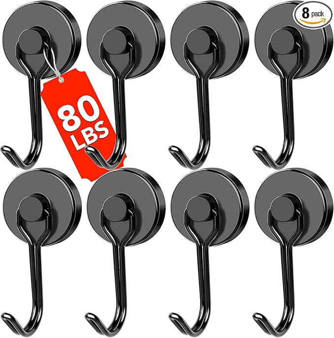 DIYMAG Black Magnetic Hooks 80LBS Strong Magnetics Hooks Heavy Duty 2026 Cruise Cabin Ship Essentials Magnet Hooks with Metal Hanger for Hanging Refrigerator Home Kitchen Office 8Pack