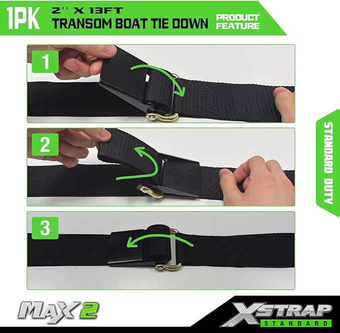 XSTRAP STANDARD 1PK 2''x 13' Adjustable Tie-Down Wide Webbing Rated Capacity: 1200 lb Moving Straps Tie Downs Marine Boat Strap Trailer with Hooks Prevent Corrosion Yet Easy
