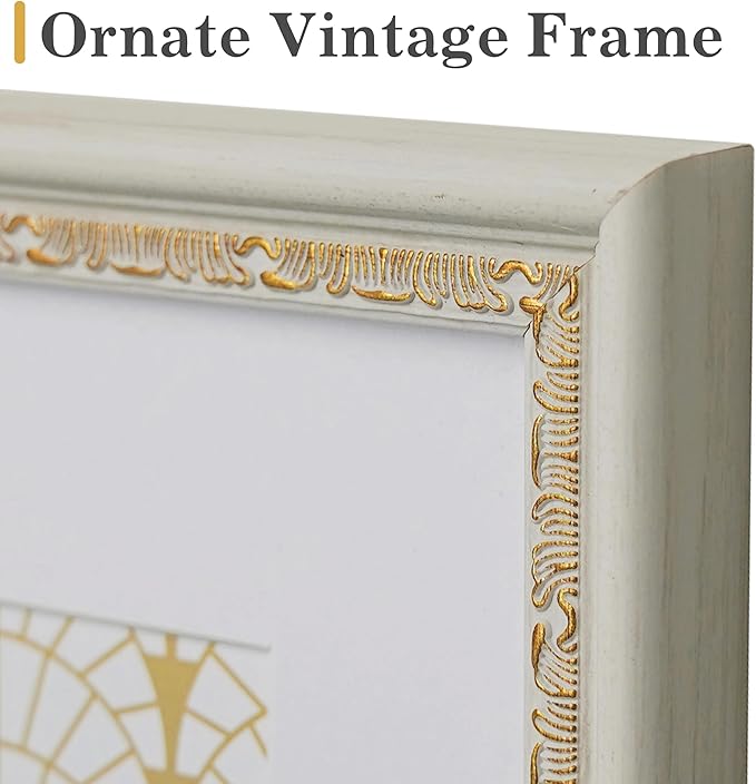 VIOLABBEY 6x6 White Gold Picture Frame, Display 4x4 Photo with Mat or 6x6 without Mat, Ornate Vintage 6 x 6 White Gold Frame for Wall Decor or Tabletop Display