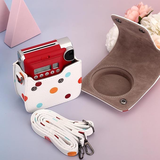 Frankmate Protective Case for Fujifilm Instax Mini 90 Instant Camera, Polka Dots PU Leather Camera Bag with Pocket and Adjustable Shoulder Strap