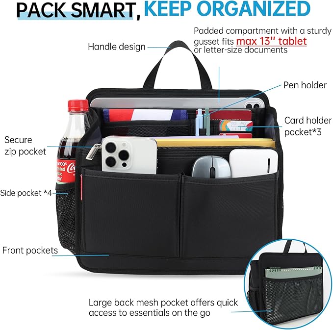 Small Rugged Organizer Insert for Briefcase Tote Shoulder Messenger Bag-19 Pockets,Durable Padded Nylon,Handle-Black