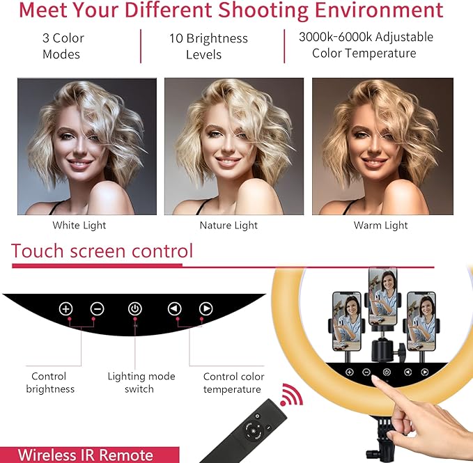Upgraded 18 inch LED Ring Light with Tripod Stand, Selfie Ring Light with Touch Panel for Makeup Studio Portrait YouTube Vlog Video Shooting with Carrying Bag and Remote Controller, CRI>90