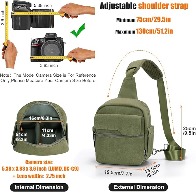 Cwatcun Camera Sling Bag Compact Small Camera Case, Waterproof Canvas Crossbody Camera Bag with Rain Cover, Travel Photography Bag for Canon Nikon Sony Fuji DSLR/SLR/Mirrorless Cameras, Lens, Green