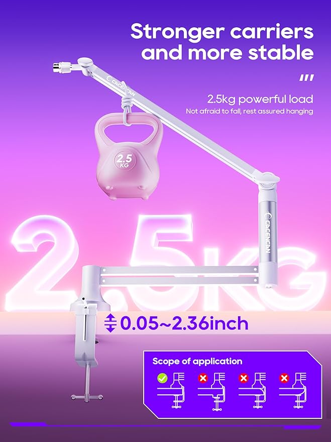Low Profile Mic Arm, 360° Rotatable Microphone Boom Arm Mic Stand for Fifine AM8 K669B Blue Yeti HyperX shure sm7b SoloCast AT2020, with Mic Clip 3/8" to 5/8", White