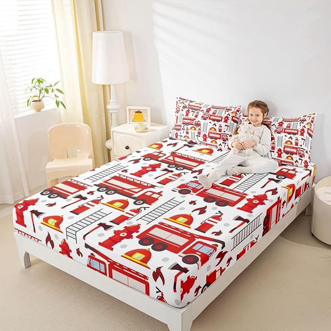 Fire Truck Sheet Sets, Red Fire Fighting Supplies Print Top Sheet for Boys Teens Kids Bottom Sheet Helmet Ladder Fire Extinguisher Fire Theme Sheet Sets,1 Flat Sheet+1 Fitted Sheet+1 Pillowcase,Twin