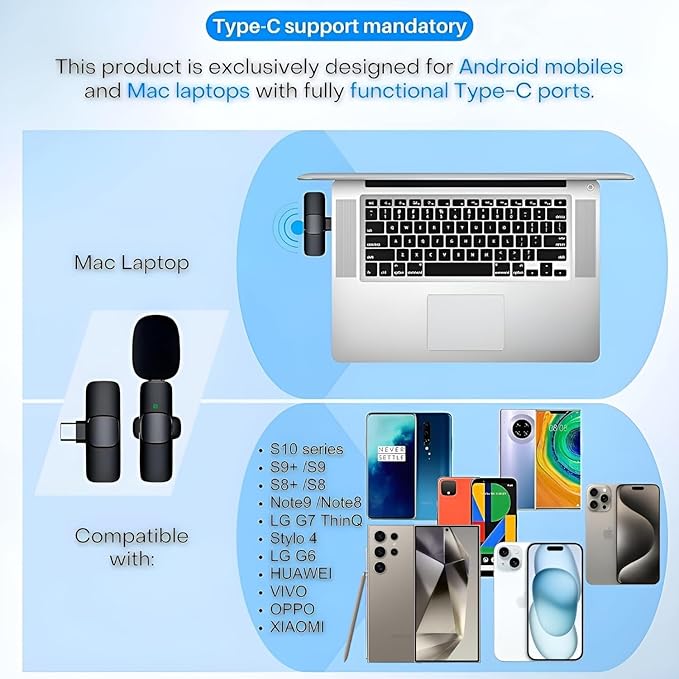 Wireless Microphone for iPhone 15 USB-C Compatible with Samsung s24 & iPhone 15 Series - Wireless Lavalier Microphone for Android - USB C Microphone for Video Recording and Tiktok (2 in 1)