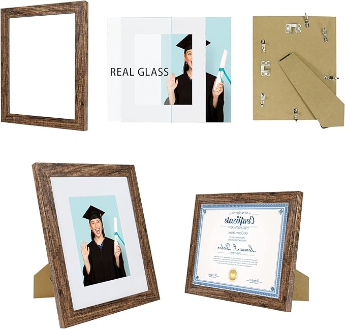 8.5 x 11 Picture Frame Set of 4, Made of Real Glass and Brown Certificate & Diploma Frame, 8.5 by 11 Photo for Wall or Tabletop - Display Picture 6x8 with Mat or 8.5x11 Without Mat