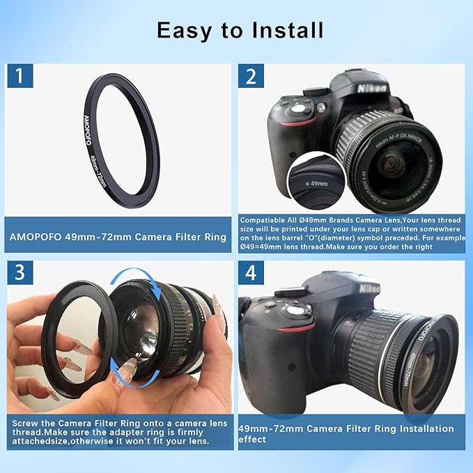 49mm to 72mm Step-Up Ring Filter adapter/49mm to 72mm Camera Filter Ring ;Compatible All Brands 49 mm Lens and 72 mm UV,ND,CPL,Metal Step Up Ring