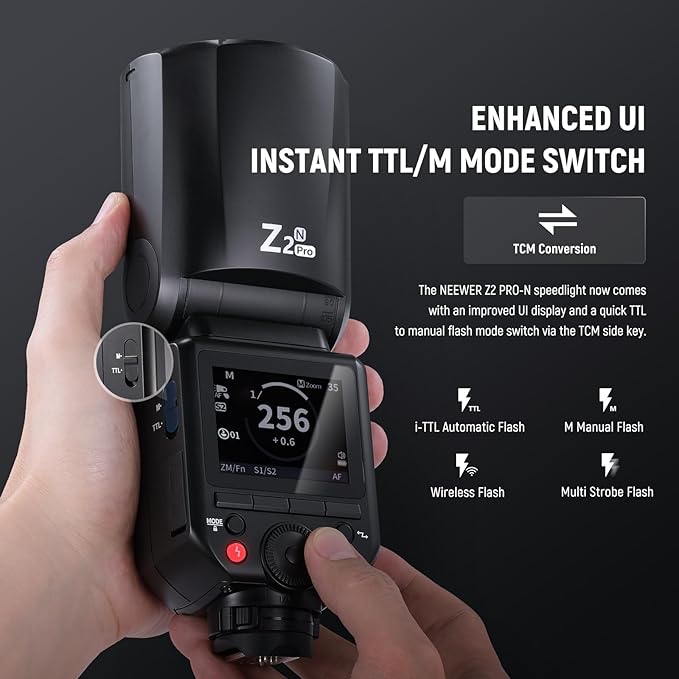 NEEWER Z2PRO-N 2.4G TTL Round Head Flash Speedlite Compatible with Nikon, Wireless Compatible with Godox, 76Ws 1/8000s HSS, Upgraded UI, TTL/M TCM Switch, 7.2V/3000mAh Battery, 600 Full Power Flash
