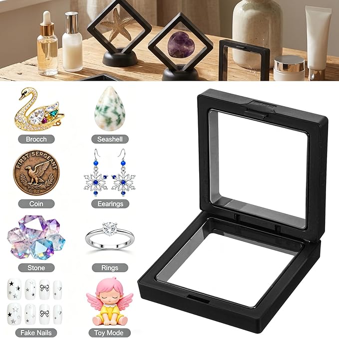 60 Pcs 3D Floating Display Case, Plastic Coin Holder with Stand for Challenge Coins, Medallions, Jewelry, Rocks and Specimens, 2.76x2.76x0.79 Inch Protective Frame, Black