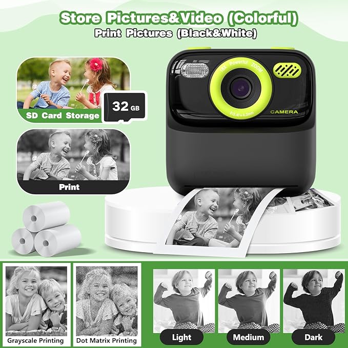 masterbee Kids Instant Print Camera, Birthday Gifts for Boys and Girls, Kids Digital Camera Toys, 1080P HD Video, 3 4 5 6 7 8 9 10 11 12 Year Old Boy Gifts/Girl Gifts (Black)