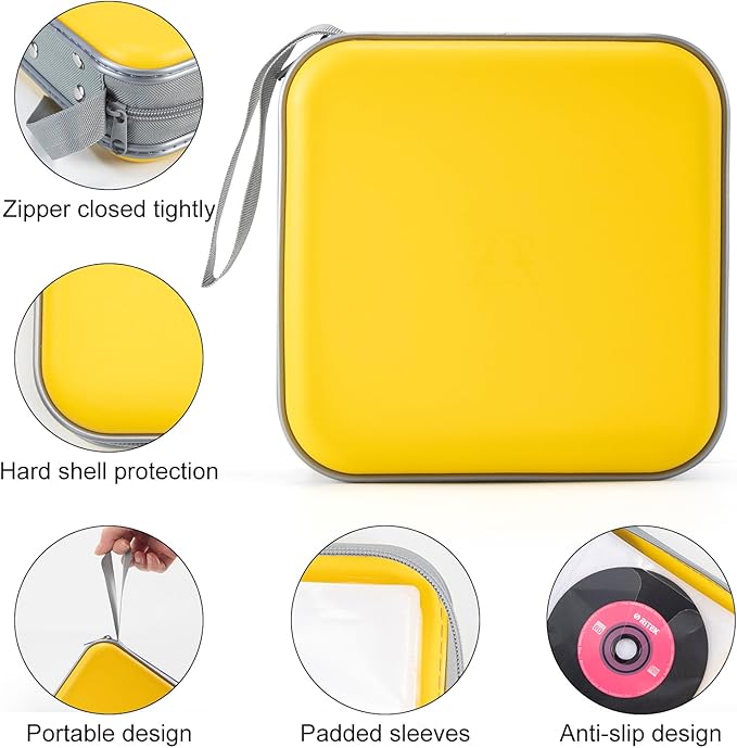alavisxf xx CD Case, 48 Capacity Hard Plastic DVD Case Portable Zipper CD Holder Large Storage Disc Wallet Bag for Car Home Travel (Yellow, 48 Capacity)
