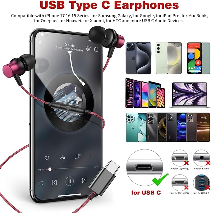 COOYA USB C Headphone Type C Wired Earbuds for iPhone 17 Pro Max 16 15 iPad 10 Air 6 Pixel 9 8 Magnetic Bass Noise Canceling In-Ear Earphone+Mic for Samsung Galaxy S25 Ultra S24 S23 A16 for OnePlus 13