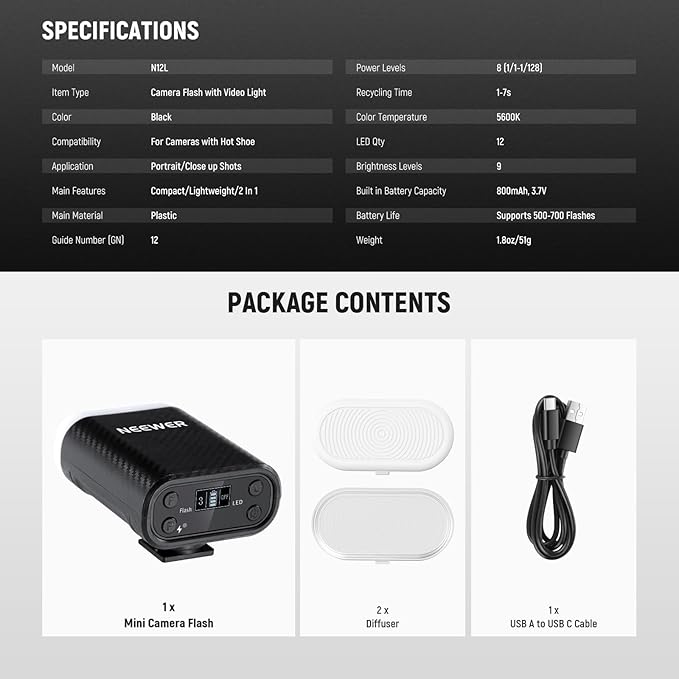 NEEWER N12L Entry Level Version Mini Camera Flash with LED Video Fill Light & LCD Display, 800mAh, Works with Canon/Fujifilm/Sony/Nikon DSLR Standard Hot Shoe Cameras for Studio Shoots