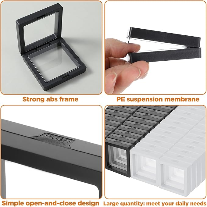 60 Pcs 3D Floating Display Case 2.8 x 2.8 x 0.8 Inch Coin Frame Display Holder Stands for Antique Challenge Coins, Jewelry, Shells, Gems, Minerals, Rocks, Specimen, Pins(Black,White)