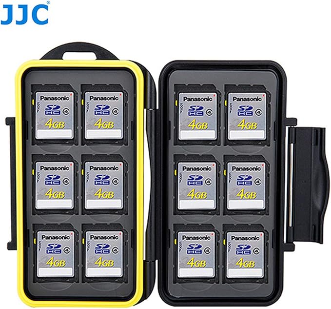 JJC MC-SD12 Ruggard SD Card Case, Shockproof SD Card Case, Water-Resistant SD Card Case, Rubber Sealed Ergonomic Locking Easy Carrying Memory Card Case Fits 12 SD Cards