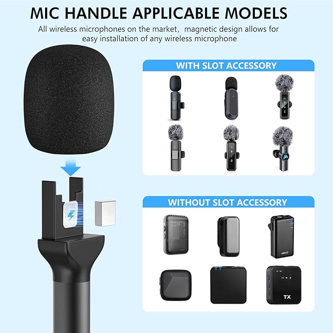 Handheld Adaptor for Interview Mic, 2 Packs Wireless Mic holders for DJI/Rode/Hollyland Lark Lavalier, Universal Magnetic Microfono Stand with Foam Windshield & Flag Station for Interview/Vlogging