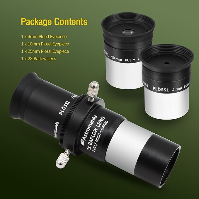 Astromania Telescope Accessory Kit Eyepiece Set with Three Plossl Eyepieces Including 4mm 10mm 25mm and Barlow Lens 2X, FMC Telescope Lense for 1.25 inch Astronomical Telescopes & Astronomy Filters
