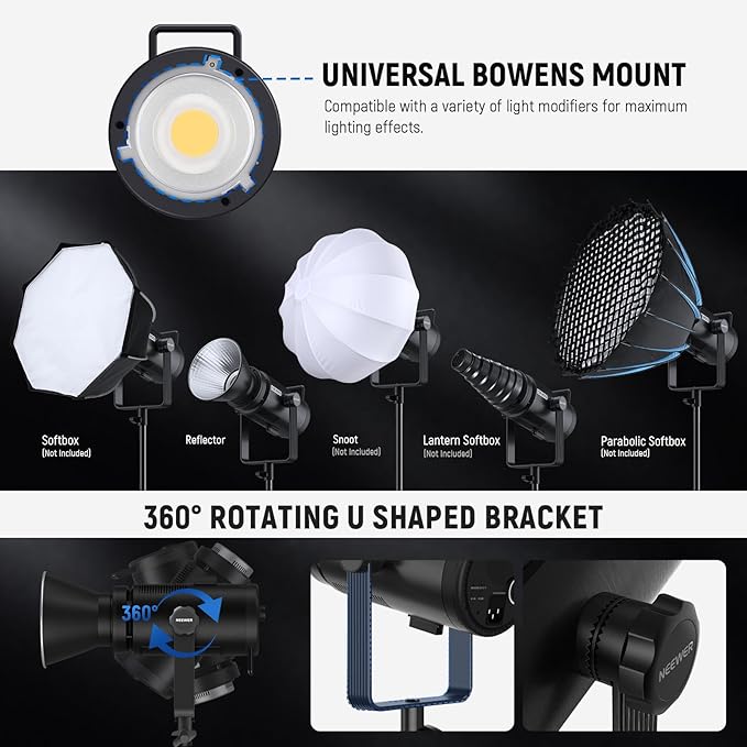 NEEWER CB200 210W LED Video Light with 2.4G/APP Control, 5600K Daylight COB Continuous Output Lighting for Photography with 98500lux/m, CRI97+/TLCI97+, 9 Scenes, PWM Dimming, Bowens Mount