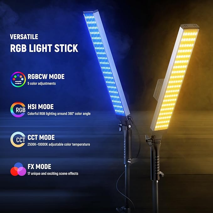 NEEWER Photography RGB Light Stick Kit, 2 Pack LED Video Tube Lights w/Stands, Diffusers, 3250Lux Dimmable Light Wand 2500-10000K CRI95+/TLCI97+ APP/2.4G/Panel Control for Live/Videos/Vlog, BH20C