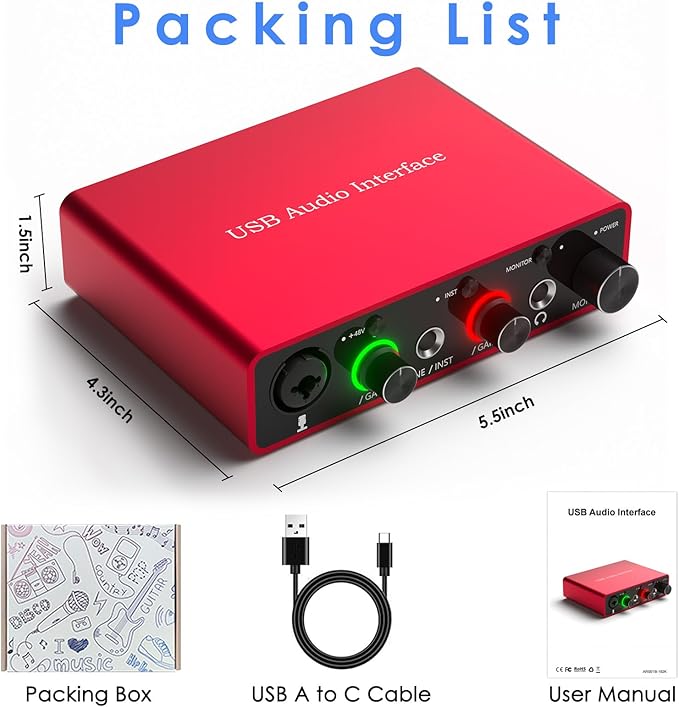 24Bit/192kHz USB Audio Interface with 48V Phantom Power - Studio Quality Recording for Musicians, Vocalists & Podcasters | Plug & Play | Works with Mac/PC & DAWs | Perfect for Home Studio & Streaming