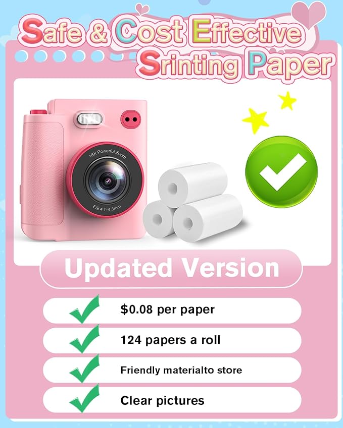 MYSTILUCK Kids Camera Toys for 3 4 5 6 7 8 9 10 Year Old Girls Boys, Christmas Birthday Gift with 1080P HD Digital Camera, 32GB SD Card, Selfie Mode, Fun Filters, Portable Travel Toy - Pink