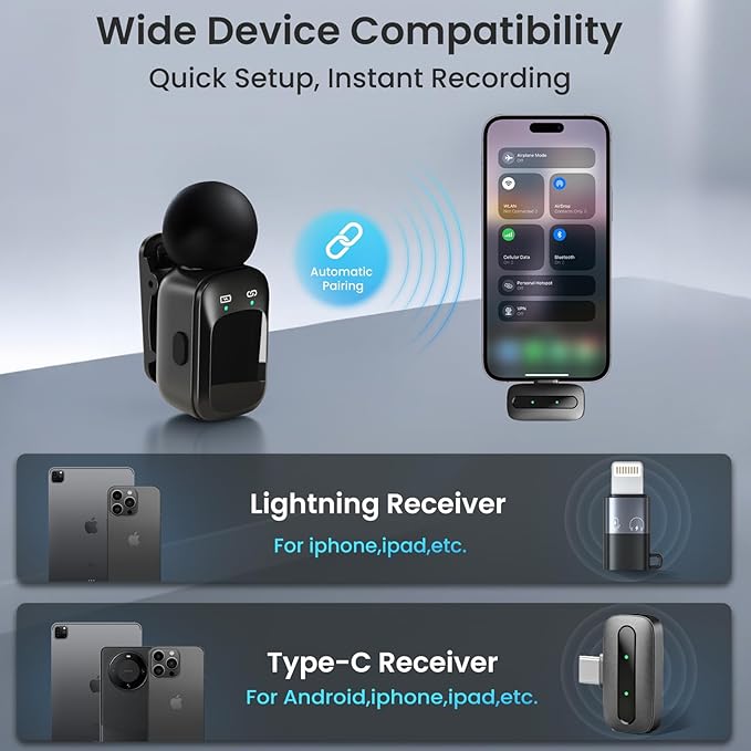 Mini Microphone, Ultra-Light Wireless Microphone for iPhone/Android, 30H Battery Life with Charging Case, 48kHz/24bit, Noise Cancellation for Vlogging, Streaming