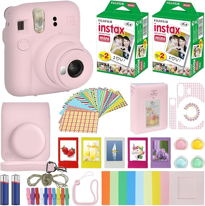 Fujifilm Instax Mini 12 Instant Camera Blossom Pink + Carrying Case + Fuji Instax Film Value Pack (40 Sheets) Accessories Bundle, Color Filters, Photo Album, Assorted Frames