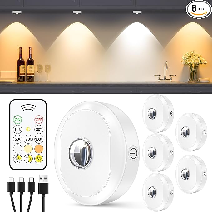 WILLED Rechargeable Puck Lights with Remote Control, 3 Color Temperatures and Timing Function, Dimmable Tap Light, Stick on Under Cabinet Lights, LED Puck Lights for Kitchen, Closet and Shelf(6 Pack)