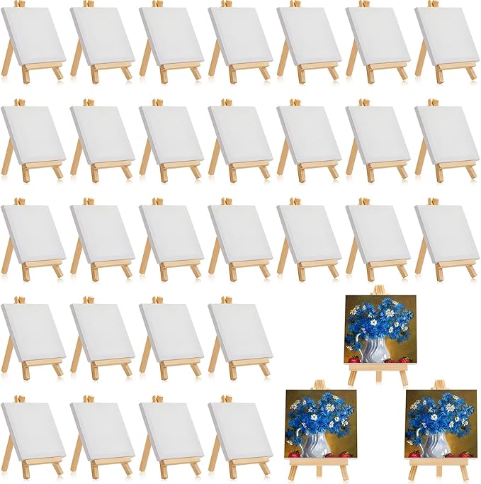 Mimorou 32 Pack 4 x 4 Inch Mini Canvases with Easel Sets for Painting Valentine's Day Craft Gifts Small Art Stretched Canvases Panels Pack with Wood Display Easel for Kids Classroom Crafts Easter