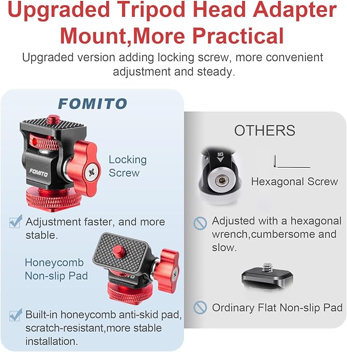 FOMITO Metal Camera Monitor Mount with 1/4" Serew and Cold Shoe, Rotary Adapter 360° Swivel Universal for Flash Speedlite, Field Monitor, LED Video Light, Microphone,etc - Red Color