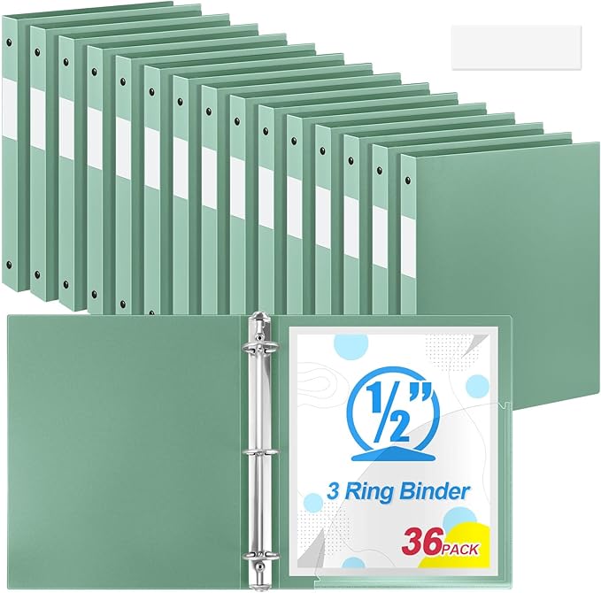 Henoyso 36 Pcs 3 Ring Binder 1/2'' Round Fits Letter Size 8.5'' x 11'' Paper Plastic Flexible Binder Holds 140 Sheets with 1 Pockets Versatile Organizer for Home Office School (Sage Green)