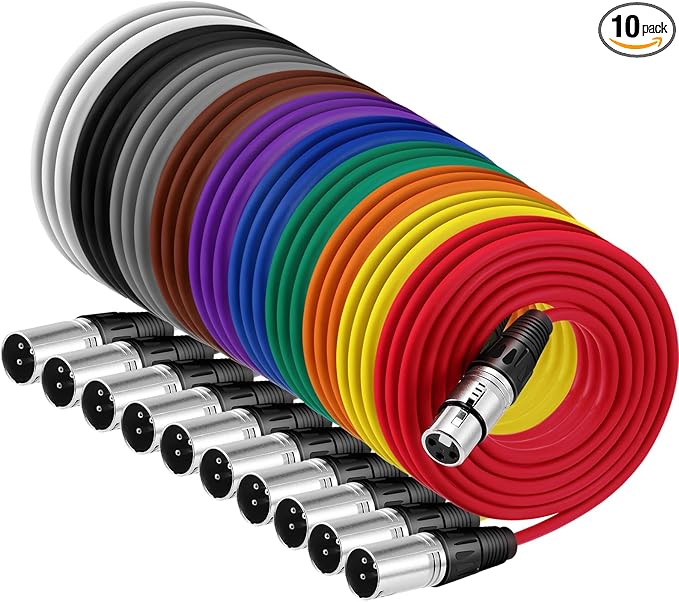 10 Pack XLR 6 ft Mixed Color Cables 3 Pins Balanced Rainbow Microphone Mic Cable Male to Female Mic Cable for Microphone, Mixer, Recording Studio, Podcast