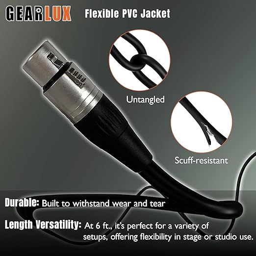 Gearlux XLR Microphone Cable, Fully Balanced, Male to Female, 6 Feet - 6 Pack