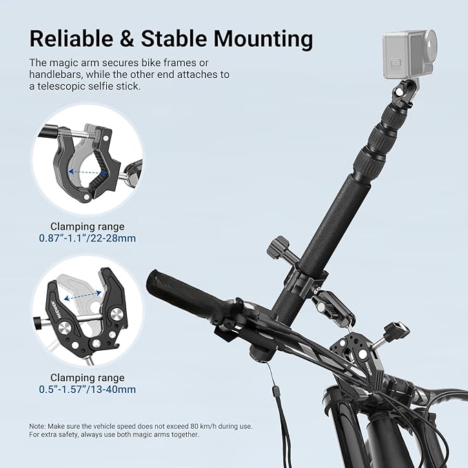 NEEWER Motorcycle Mount Accessories Kit Compatible with GoPro Insta360 DJI, Bike Tail Handlebar Invisible Selfie Stick Double Clamp Holder with Action Camera Adapter for POV Video Recording, GP-30
