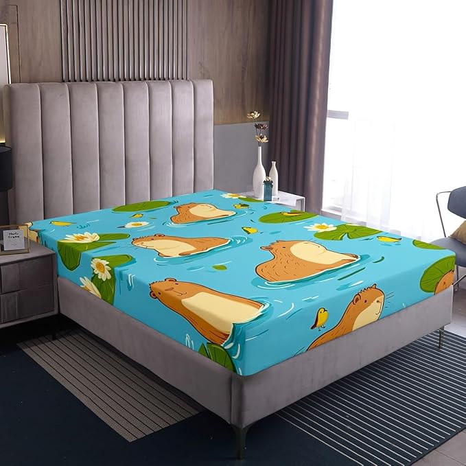 Erosebridal Capybara King Bed Sheets Set Capybara Lovers Sheet Set for Kids Boys Girl,Funny Rodent Animal Sheets Cute Cartoon Capybaras Fitted Sheet Botanical Flowers Decor Gifts for Capybara Lovers