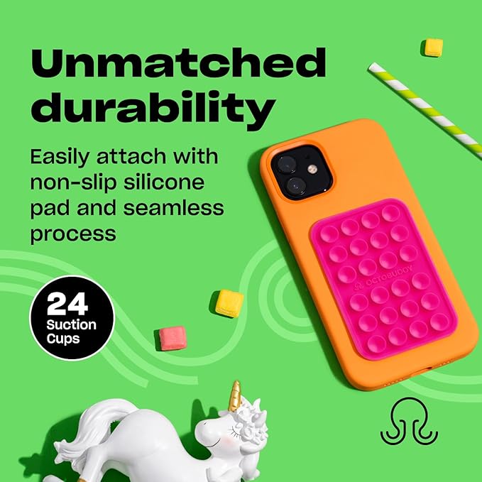OCTOBUDDY Classic - Silicone Suction Phone Case Adhesive Mount - Hands-Free, Strong Grip Holder for Selfies & Videos - iPhone & Android Compatible - 2.25″ x 3.25″, Hot Pink