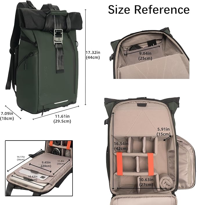 Besnfoto Camera Backpack, Waterproof Travel Camera Bag for Photographer Expandable Roll Top Photography Case for DSLR SLR Mirrorless Camera Fit up to 15.6 inch Laptop with Rain Cover