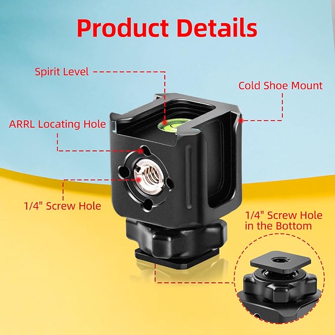 Zeadio Universal Camera Mount with 3 Cold Shoe Mounts, Hot Shoe Base & 1/4"-20 Thread | Built-in Level | Multi-Device Monitor/Light Mount Holder