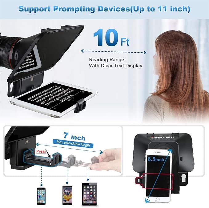 Desview T3 Portable Teleprompter for iPad Tablet iPhone up to 10 inch High Definition 70/30 Beam Splitter Glass with Remote Control for DSLR Camera Smartphone Video Recording (9 Lens Adapter Ring)